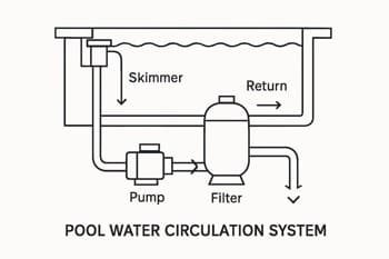 Basit sirkülasyon şeması: skimmer, pompa, filtre, dönüşler