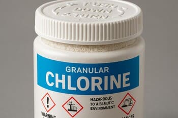 Granül klor kabı: çocuk kilitli kapak ve uyarı etiketleri