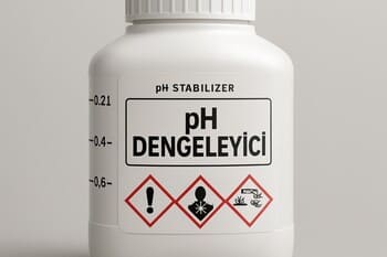 pH denge şişesi: doz çizgileri ve güvenlik piktogramları