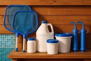 Ahşap rafta düzenli dizilmiş havuz aksesuarları: skimmer filesi, kimyasal kutular ve el pompaları