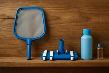 Ahşap şerit raf üzerinde küçük bakım araçları: ağ, vakum başlığı, minik flok şişesi