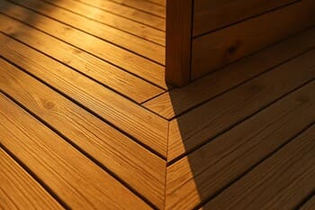 Güneşte ısınmış ahşap güverte köşesi — çizgisel doku ve sıcak ton