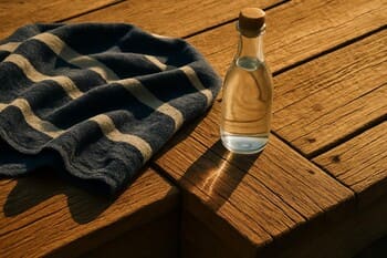 Ahşap güverte üzerinde lacivert çizgili havlu ve cam şişe — sıcak dokulu yakın plan